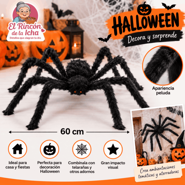 Araña Decorativa Peluda Halloween Negra 60 cm Araña decorativa peluda negra de 60 cm para Halloween y decoración de terror