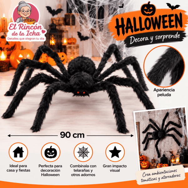 Araña Decorativa Peluda Halloween Negra 90 cm Araña decorativa peluda negra de 90 cm para Halloween y decoración de terror