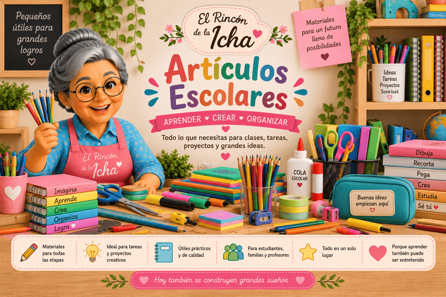 Artículos Escolares | El Rincón de la Icha Artículos escolares, útiles y materiales para clases, tareas, proyectos y organización