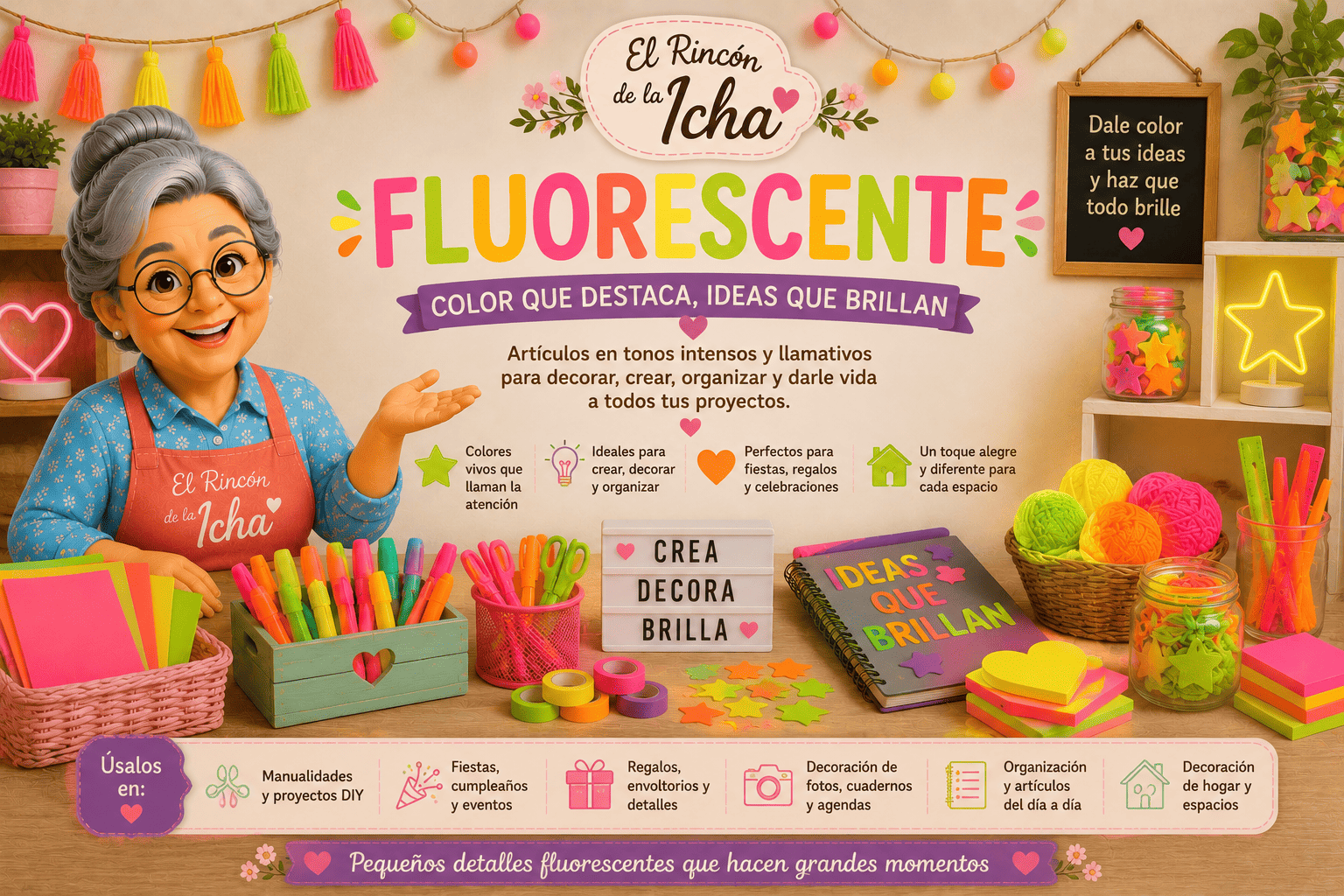 Artículos Fluorescentes | El Rincón de la Icha Artículos fluorescentes de colores para manualidades, decoración, fiestas, organización y proyectos creativos