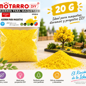 Aserrín para Maquetas Amarillo 20 g Aserrín para maquetas amarillo de 20 g en empaque transparente junto a material decorativo para maquetas, dioramas y mini jardines.