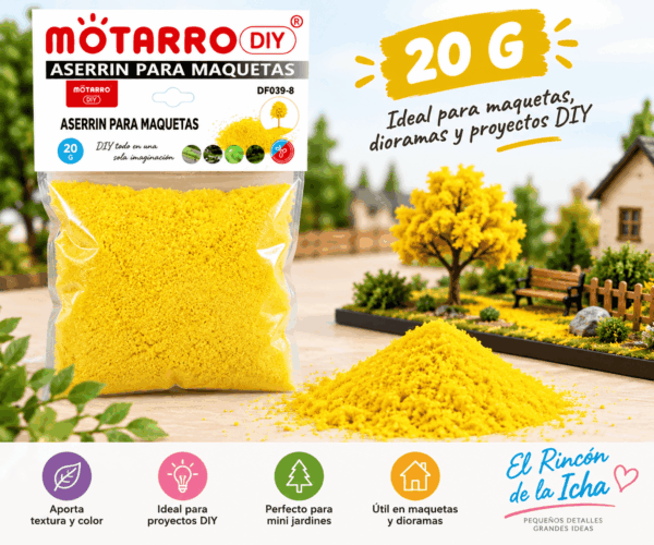 Aserrín para Maquetas Amarillo 20 g Aserrín para maquetas amarillo de 20 g en empaque transparente junto a material decorativo para maquetas, dioramas y mini jardines.