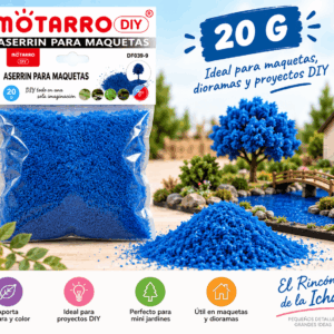 Aserrín para Maquetas Azul 20 g Aserrín para maquetas azul de 20 g en empaque transparente junto a material decorativo para maquetas, dioramas y mini jardines.