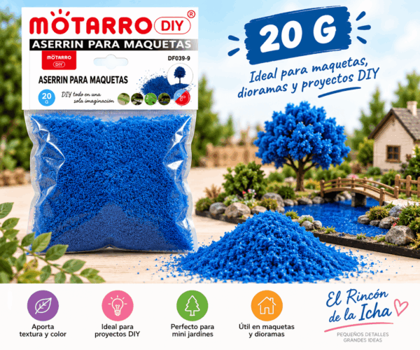 Aserrín para Maquetas Azul 20 g Aserrín para maquetas azul de 20 g en empaque transparente junto a material decorativo para maquetas, dioramas y mini jardines.