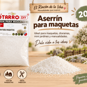 Aserrín para Maquetas Blanco 20 g Aserrín para maquetas blanco de 20 g en empaque transparente junto a material decorativo para maquetas, dioramas y mini jardines.