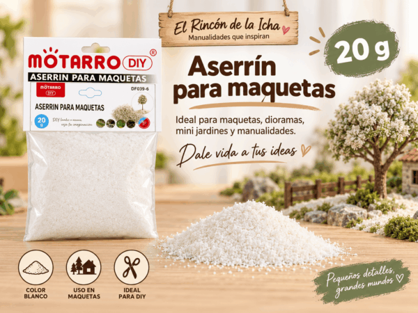 Aserrín para Maquetas Blanco 20 g Aserrín para maquetas blanco de 20 g en empaque transparente junto a material decorativo para maquetas, dioramas y mini jardines.
