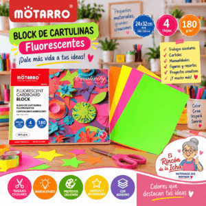 Block de Cartulinas Fluorescentes Adhesivas Motarro 4 Hojas 24 x 32 cm 180 g/m² Block de cartulinas fluorescentes adhesivas Motarro con 4 hojas de 24 x 32 cm y gramaje de 180 g/m²