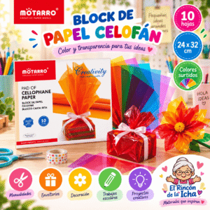 Block de Papel Celofán Motarro 10 Hojas Colores Surtidos 24 x 32 cm Block de papel celofán Motarro con 10 hojas de colores surtidos de 24 x 32 cm