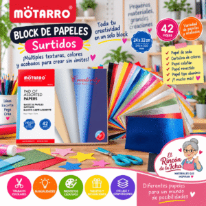 Block de Papeles Surtidos Motarro 42 Hojas 24 x 32 cm Block de papeles surtidos Motarro con 42 hojas de 24 x 32 cm en distintos colores, texturas y acabados