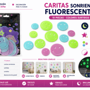 Set de 15 Caritas Sonrientes Fluorescentes Adhesivas – Colores Surtidos Set de 15 caritas sonrientes fluorescentes adhesivas en colores y tamaños surtidos para decorar paredes, dormitorios y espacios creativos.