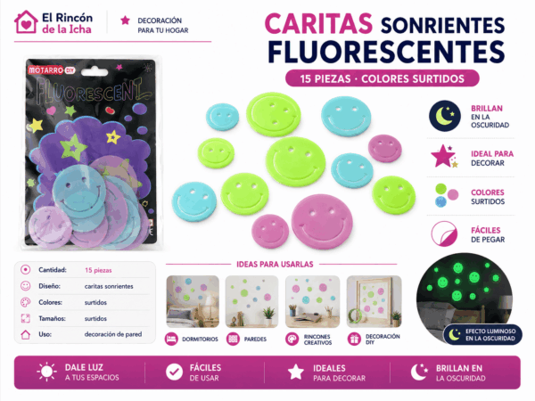 Set de 15 Caritas Sonrientes Fluorescentes Adhesivas – Colores Surtidos Set de 15 caritas sonrientes fluorescentes adhesivas en colores y tamaños surtidos para decorar paredes, dormitorios y espacios creativos.