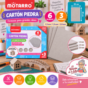 Cartón Piedra Motarro 6 Pliegos 20 x 30 cm – 3 Grosores Cartón piedra Motarro de 6 pliegos de 20 x 30 cm en grosores de 1,3, 1,5 y 2 mm