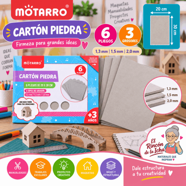 Cartón Piedra Motarro 6 Pliegos 20 x 30 cm – 3 Grosores Cartón piedra Motarro de 6 pliegos de 20 x 30 cm en grosores de 1,3, 1,5 y 2 mm