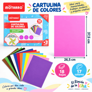 Cartulina de Colores Motarro 18 Hojas 26,5 x 37,5 cm Cartulina de colores Motarro de 18 hojas en 17 colores, tamaño 26,5 x 37,5 cm