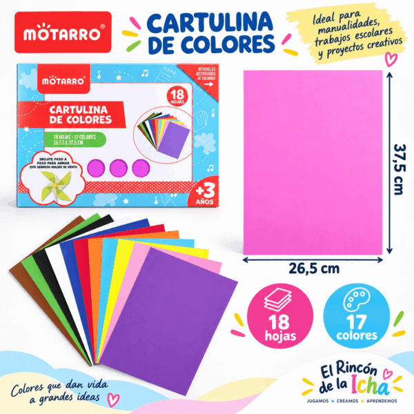 Cartulina de Colores Motarro 18 Hojas 26,5 x 37,5 cm Cartulina de colores Motarro de 18 hojas en 17 colores, tamaño 26,5 x 37,5 cm