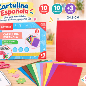 Cartulina Española 10 Hojas 10 Colores 24,8 x 34,6 cm Cartulina Española Mötarro con 10 hojas en 10 colores surtidos de 24,8 x 34,6 cm, presentada para manualidades, trabajos escolares y proyectos DIY.