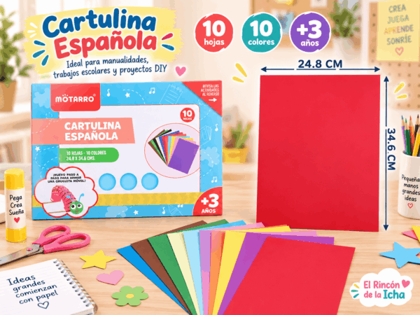 Cartulina Española 10 Hojas 10 Colores 24,8 x 34,6 cm Cartulina Española Mötarro con 10 hojas en 10 colores surtidos de 24,8 x 34,6 cm, presentada para manualidades, trabajos escolares y proyectos DIY.