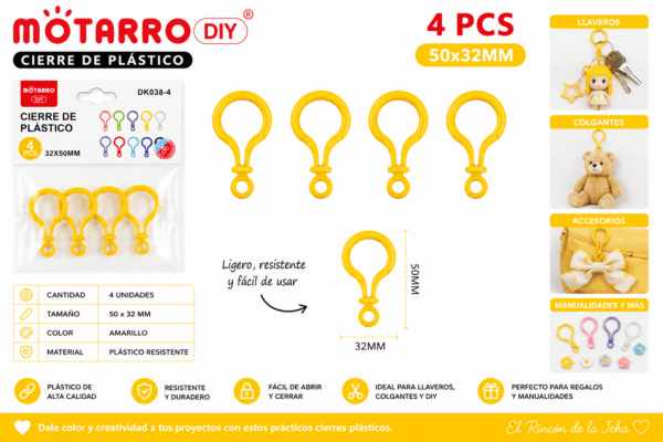 Cierres Plásticos Amarillos 50 x 32 mm para Llaveros y Manualidades Set de 4 cierres plásticos amarillos de 50 x 32 mm para llaveros, colgantes, accesorios decorativos y manualidades DIY.