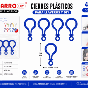 Set de 4 cierres plásticos azul rey de 50 x 32 mm para llaveros, colgantes, accesorios decorativos y manualidades DIY.
