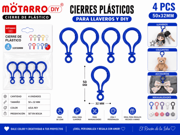 Cierres Plásticos Azul Rey 50 x 32 mm para Llaveros y Manualidades Set de 4 cierres plásticos azul rey de 50 x 32 mm para llaveros, colgantes, accesorios decorativos y manualidades DIY.