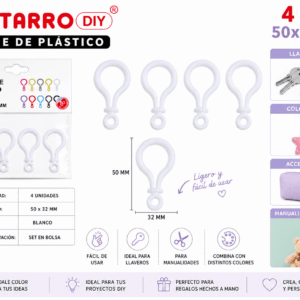 Set de 4 cierres plásticos blancos de 50 x 32 mm para llaveros, colgantes, accesorios decorativos y manualidades DIY.