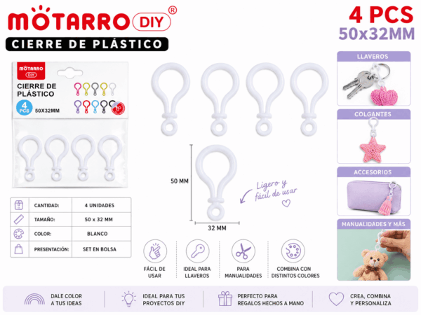 Cierres Plásticos Blancos 50 x 32 mm para Llaveros y Manualidades Set de 4 cierres plásticos blancos de 50 x 32 mm para llaveros, colgantes, accesorios decorativos y manualidades DIY.