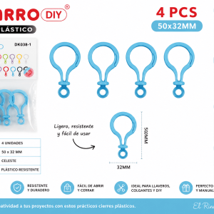 Cierres Plásticos Celestes 50 x 32 mm para Llaveros y Manualidades Set de 4 cierres plásticos celestes de 50 x 32 mm para llaveros, colgantes, accesorios decorativos y manualidades DIY.