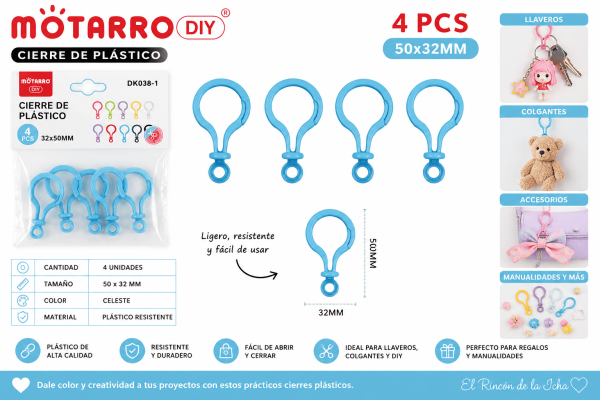 Cierres Plásticos Celestes 50 x 32 mm para Llaveros y Manualidades Set de 4 cierres plásticos celestes de 50 x 32 mm para llaveros, colgantes, accesorios decorativos y manualidades DIY.