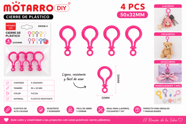 Cierres Plásticos Fucsia 50 x 32 mm para Llaveros y Manualidades Set de 4 cierres plásticos fucsia de 50 x 32 mm para llaveros, colgantes, accesorios decorativos y manualidades DIY.