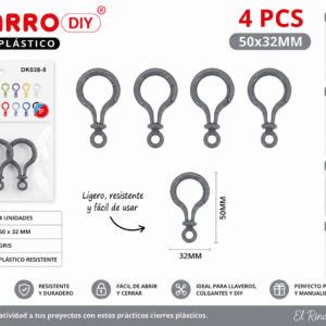 Set de 4 cierres plásticos grises de 50 x 32 mm para llaveros, colgantes, accesorios decorativos y manualidades DIY.