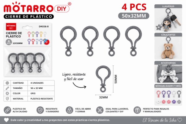 Cierres Plásticos Grises 50 x 32 mm para Llaveros y Manualidades Set de 4 cierres plásticos grises de 50 x 32 mm para llaveros, colgantes, accesorios decorativos y manualidades DIY.