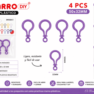 Set de 4 cierres plásticos morados de 50 x 32 mm para llaveros, colgantes, accesorios decorativos y manualidades DIY.