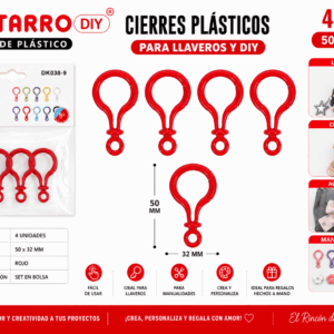 Set de 4 cierres plásticos rojos de 50 x 32 mm para llaveros, colgantes, accesorios decorativos y manualidades DIY.