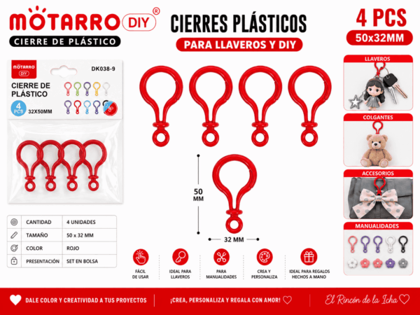 Cierres Plásticos Rojos 50 x 32 mm para Llaveros y Manualidades Set de 4 cierres plásticos rojos de 50 x 32 mm para llaveros, colgantes, accesorios decorativos y manualidades DIY.
