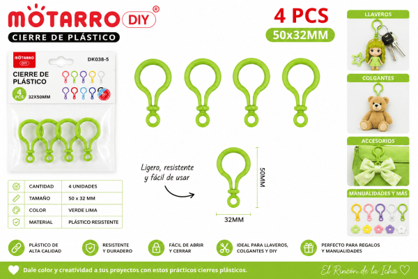 Cierres Plásticos Verde Lima 50 x 32 mm para Llaveros y Manualidades Set de 4 cierres plásticos verde lima de 50 x 32 mm para llaveros, colgantes, accesorios decorativos y manualidades DIY.
