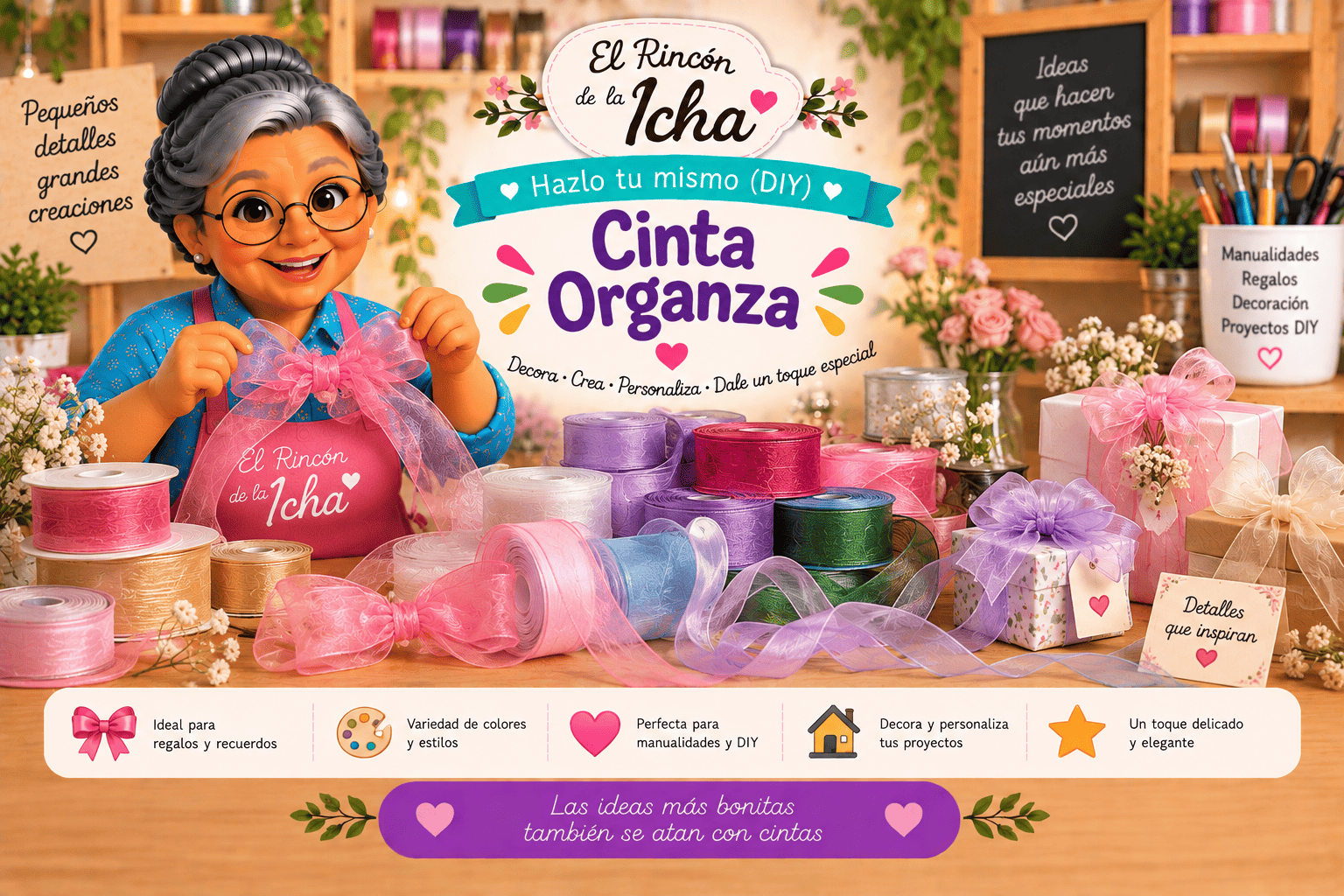 Cinta Organza para Manualidades y Regalos | El Rincón de la Icha Cintas de organza de distintos colores para regalos, lazos, manualidades, decoración y proyectos DIY