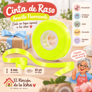 Cinta de Raso Amarillo Fluorescente 6 mm x 25 yd Cinta de raso amarillo fluorescente de 6 mm x 25 yd estilo El Rincón de la Icha