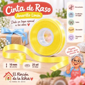 Cinta de Raso Amarillo Limón 10 mm x 25 yd Cinta de raso color amarillo limón de 10 mm x 25 yd estilo El Rincón de la Icha