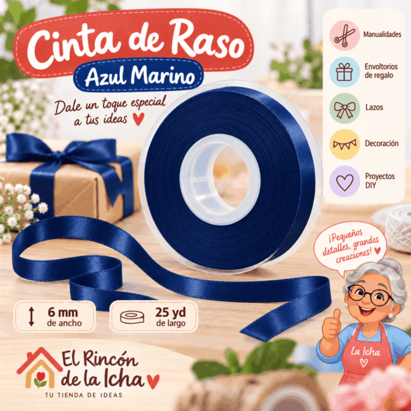 Cinta de Raso Azul Marino 6 mm x 25 yd Cinta de raso color azul marino de 6 mm x 25 yd estilo El Rincón de la Icha