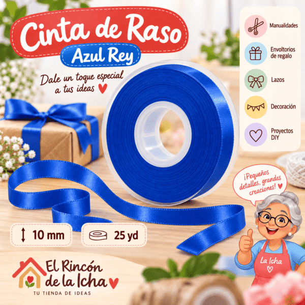 Cinta de Raso Azul Rey 10 mm x 25 yd Cinta de raso azul rey de 10 mm x 25 yd estilo El Rincón de la Icha