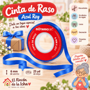 Cinta de Raso Azul Rey 6 mm x 25 yd Cinta de raso color azul rey de 6 mm x 25 yd estilo El Rincón de la Icha