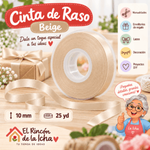 Cinta de Raso Beige 10 mm x 25 yd Cinta de raso beige de 10 mm x 25 yd estilo El Rincón de la Icha