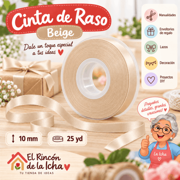 Cinta de Raso Beige 10 mm x 25 yd Cinta de raso beige de 10 mm x 25 yd estilo El Rincón de la Icha