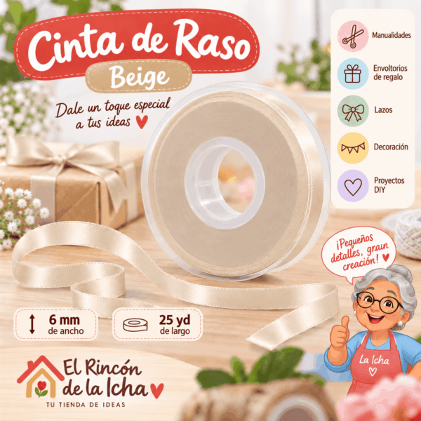 Cinta de Raso Beige 6 mm x 25 yd Cinta de raso color beige de 6 mm x 25 yd estilo El Rincón de la Icha