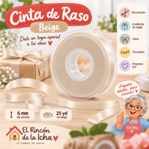 Cinta de Raso Beige 6 mm x 25 yd Cinta de raso beige de 6 mm x 25 yd estilo El Rincón de la Icha
