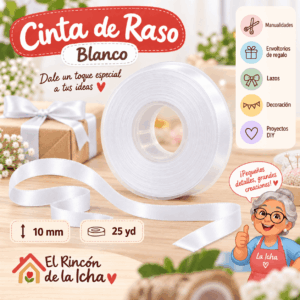 Cinta de Raso Blanco 10 mm x 25 yd Cinta de raso blanco de 10 mm x 25 yd estilo El Rincón de la Icha