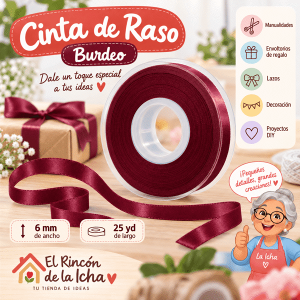 Cinta de Raso Burdeo 6 mm x 25 yd Cinta de raso color burdeo de 6 mm x 25 yd estilo El Rincón de la Icha