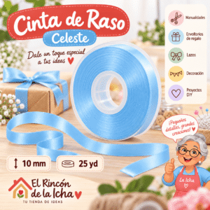 Cinta de Raso Celeste 10 mm x 25 yd Cinta de raso celeste de 10 mm x 25 yd estilo El Rincón de la Icha