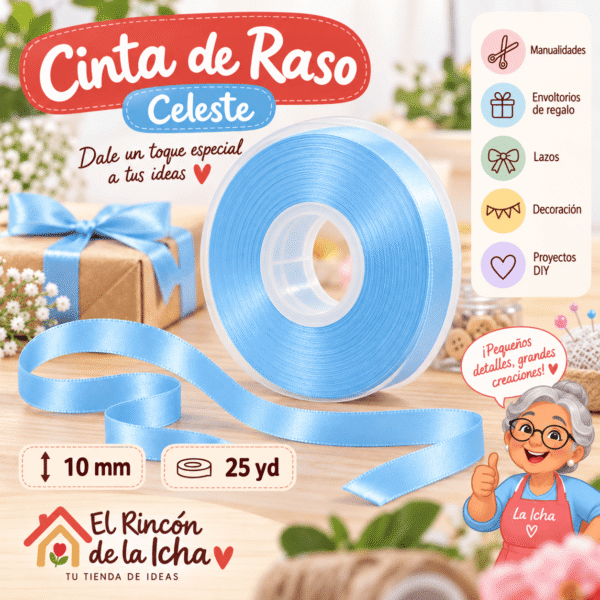 Cinta de Raso Celeste 10 mm x 25 yd Cinta de raso celeste de 10 mm x 25 yd estilo El Rincón de la Icha