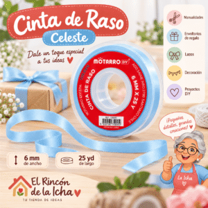 Cinta de Raso Celeste 6 mm x 25 Yardas Cinta de raso celeste de 6 mm x 25 yardas para manualidades, regalos, lazos y decoración DIY